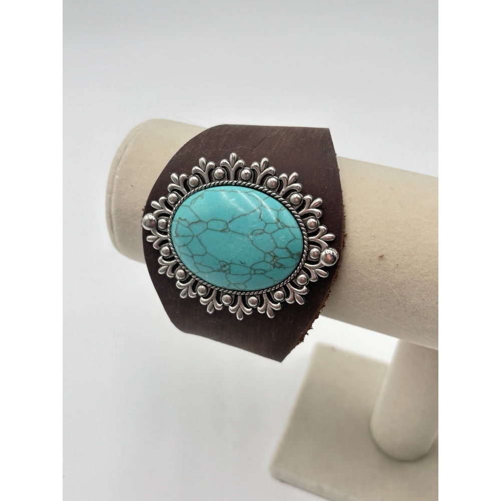 Turquoise Blue Cabochon Leather Cuff Bracelet Western Boho Adjustable Brown